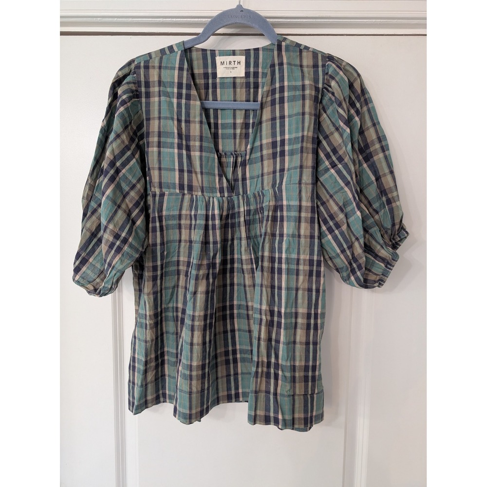 Mirth Plaid Cotton V-Neck Peasant Blouse in Green